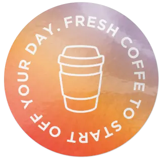 Circular sticker with coffee cup icon and text 'Fresh coffee to start off your day'